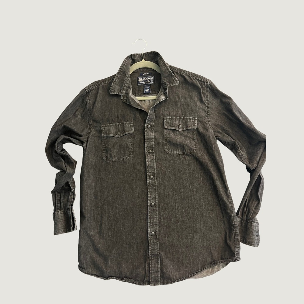 American Rag Mens Faded Black Denim Snap Front Western Workwear Shirt Medium